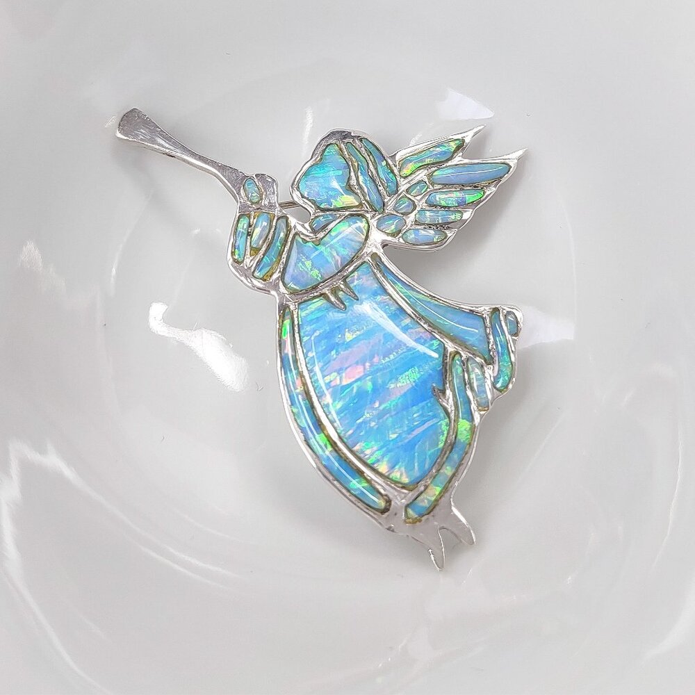 Vintage Zuni Blue Fire Opal Trumpeting Angel Pin Reynetsa Leland Sterling Brooch